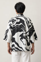 Ink Marble Print Kimono Jacket 'Suminagashi' – back view of black and white suminagashi marble print kimono jacket