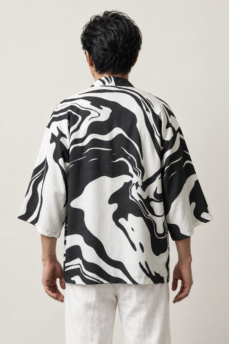 Ink Marble Print Kimono Jacket 'Suminagashi' – back view of black and white suminagashi marble print kimono jacket
