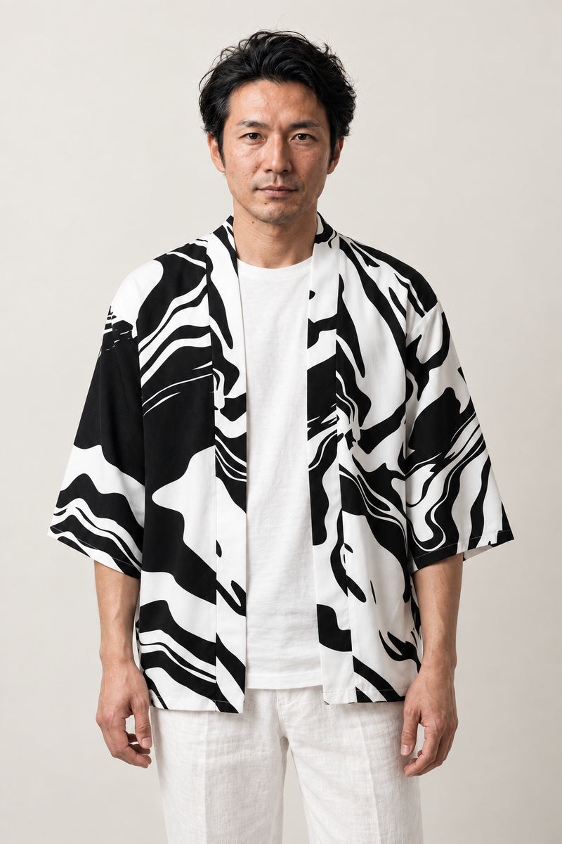 Ink Tiger Summer Haori 'Hitofude' – black and white ink brushstroke print summer haori, unisex Japanese kimono style cardigan, front view on model