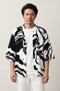 Ink Tiger Summer Haori 'Hitofude' – black and white ink brushstroke print summer haori, unisex Japanese kimono style cardigan, front view on model