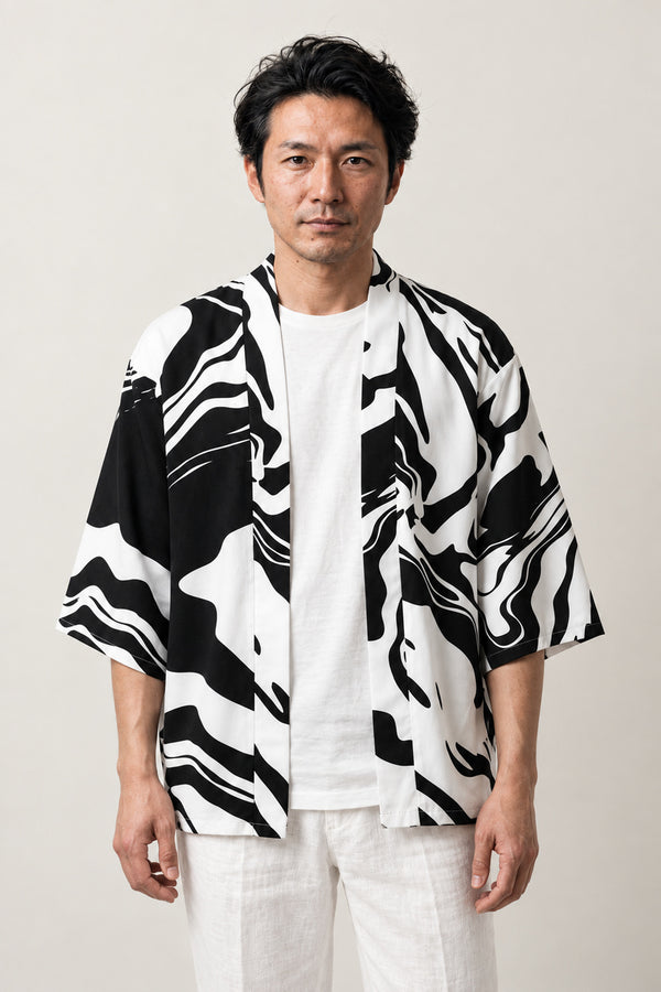 Ink Tiger Summer Haori 'Hitofude' – black and white ink brushstroke print summer haori, unisex Japanese kimono style cardigan, front view on model