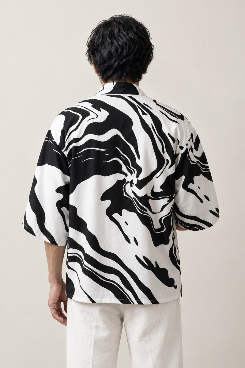 Ink Tiger Summer Haori 'Hitofude' – back view of haori showing the abstract black ink tiger stripe brush print