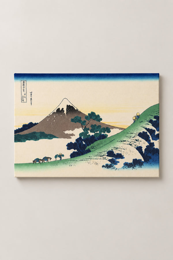 Inume Pass Japanese Print 'Koshu' – Inume Pass in Kai Province, travellers on a ridge under a tall blue Fuji from Hokusai's Thirty-six Views of Mount Fuji, ukiyo-e canvas print on wooden frame, Japanese wall art, studio view