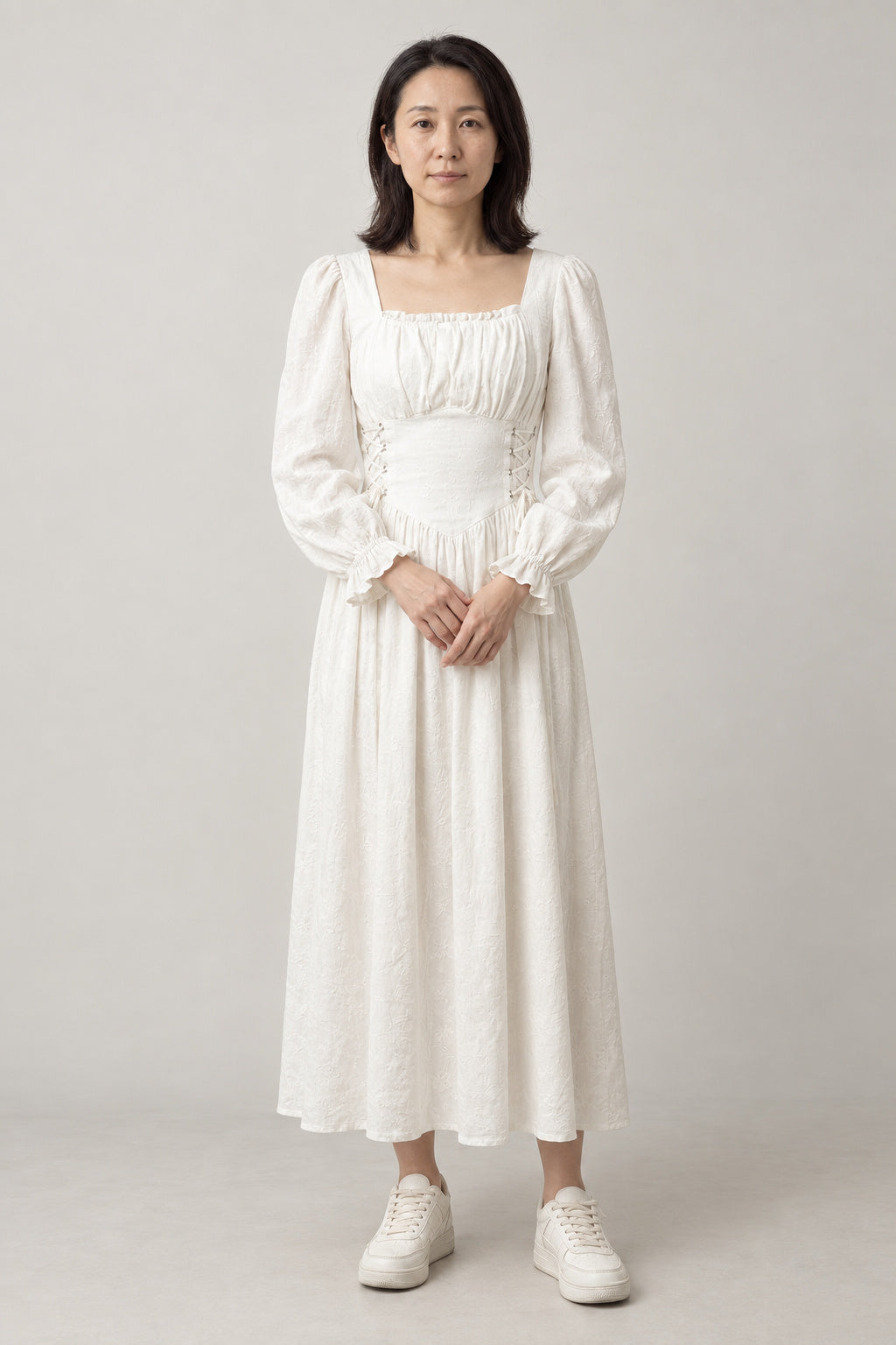 Ivory Corset Maxi Dress 'Hakuren' – ivory white square neck corset maxi dress with long sleeves, Japanese style romantic dress, front view on model