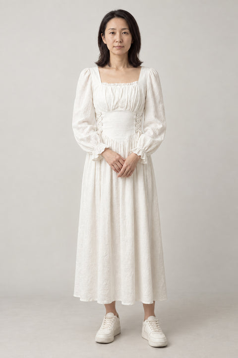 Ivory Corset Maxi Dress 'Hakuren' – ivory white square neck corset maxi dress with long sleeves, Japanese style romantic dress, front view on model