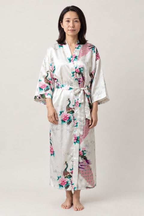 Ivory Japanese Satin Robe 'Shiroshou' – ivory white women's long satin-look kimono robe with peacock and floral print, Japanese dressing gown, front view on model