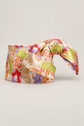Ivory Wide Obi Belt 'Omon' – ivory brocade obi with green pine, red plum and hexagon lattice, wide pre-tied brocade obi belt with sewn bow for women's kimono or yukata, studio view