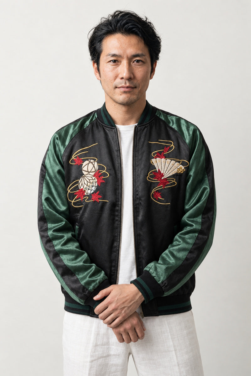 Japan Lantern Souvenir Jacket 'Chochin' – black and green sukajan with embroidered lucky cat, fan and lantern, Japanese sukajan souvenir bomber jacket, front view on model