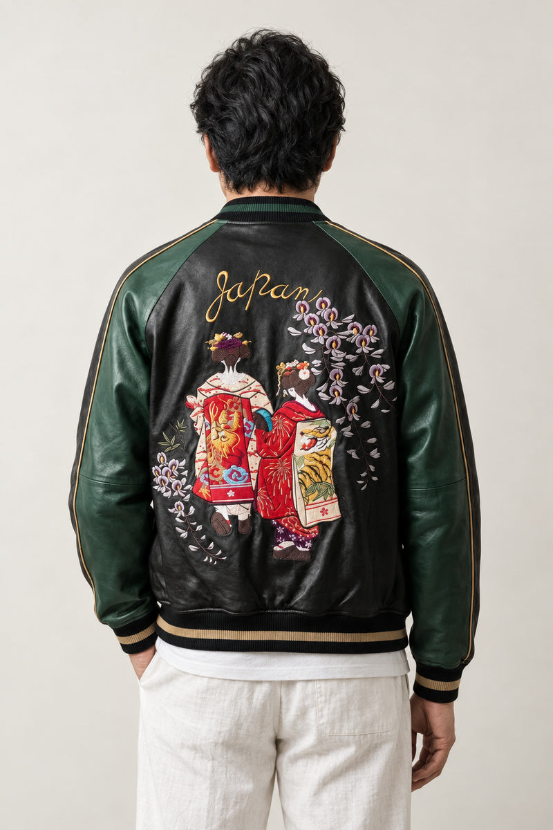 Japan Lantern Souvenir Jacket 'Chochin' – back view of the black and green version, embroidered geisha, lanterns and cherry blossom on the back