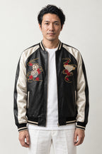 Japan Lantern Souvenir Jacket 'Chochin' – black and cream version, sukajan with embroidered maneki neko and fan, front view on model