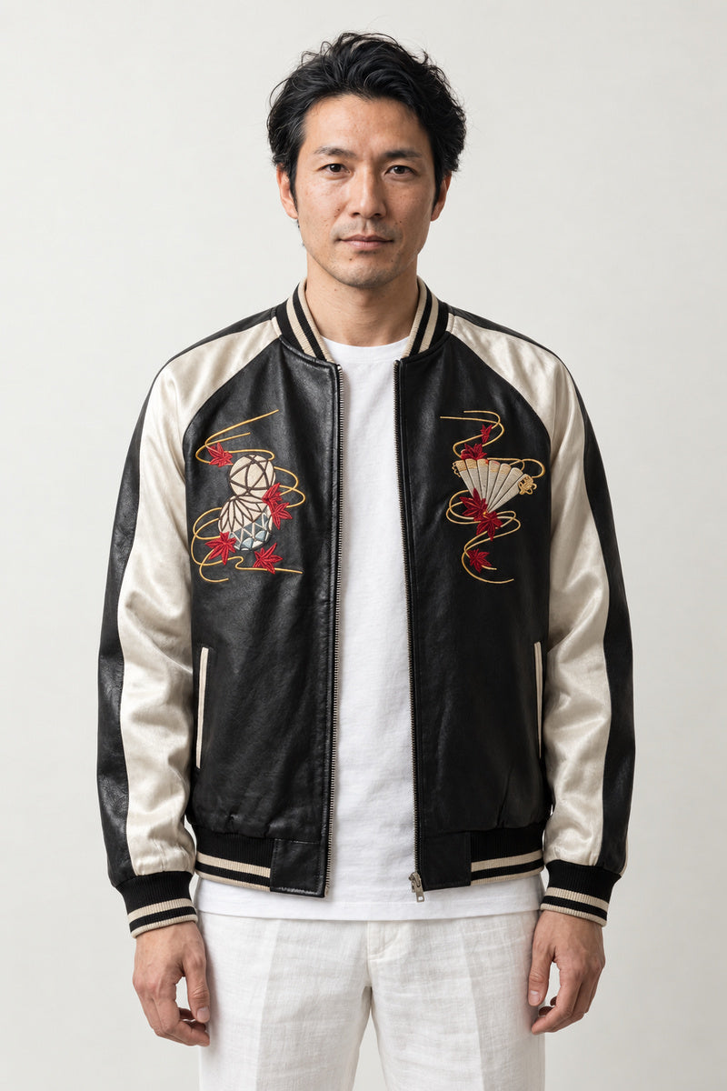 Japan Lantern Souvenir Jacket 'Chochin' – black and cream version, sukajan with embroidered maneki neko and fan, front view on model