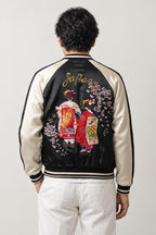 Japan Lantern Souvenir Jacket 'Chochin' – back view of the black and cream version, embroidered geisha and paper lanterns on the back