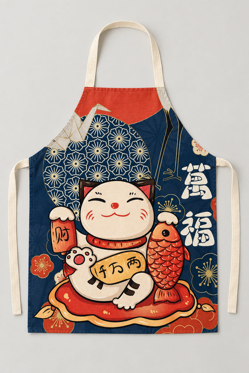 Japanese Apron – navy bib apron printed with a lucky cat holding a fish and gold kanji, Japanese maneki neko kitchen apron with neck loop and waist ties, studio view