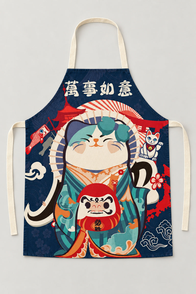 Japanese Apron – navy bib apron printed with a lucky cat in a kimono and a fox mask, Japanese maneki neko kitchen apron with neck loop and waist ties, studio view