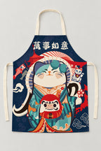 Japanese Apron – navy bib apron printed with a lucky cat in a kimono and a fox mask, Japanese maneki neko kitchen apron with neck loop and waist ties, studio view