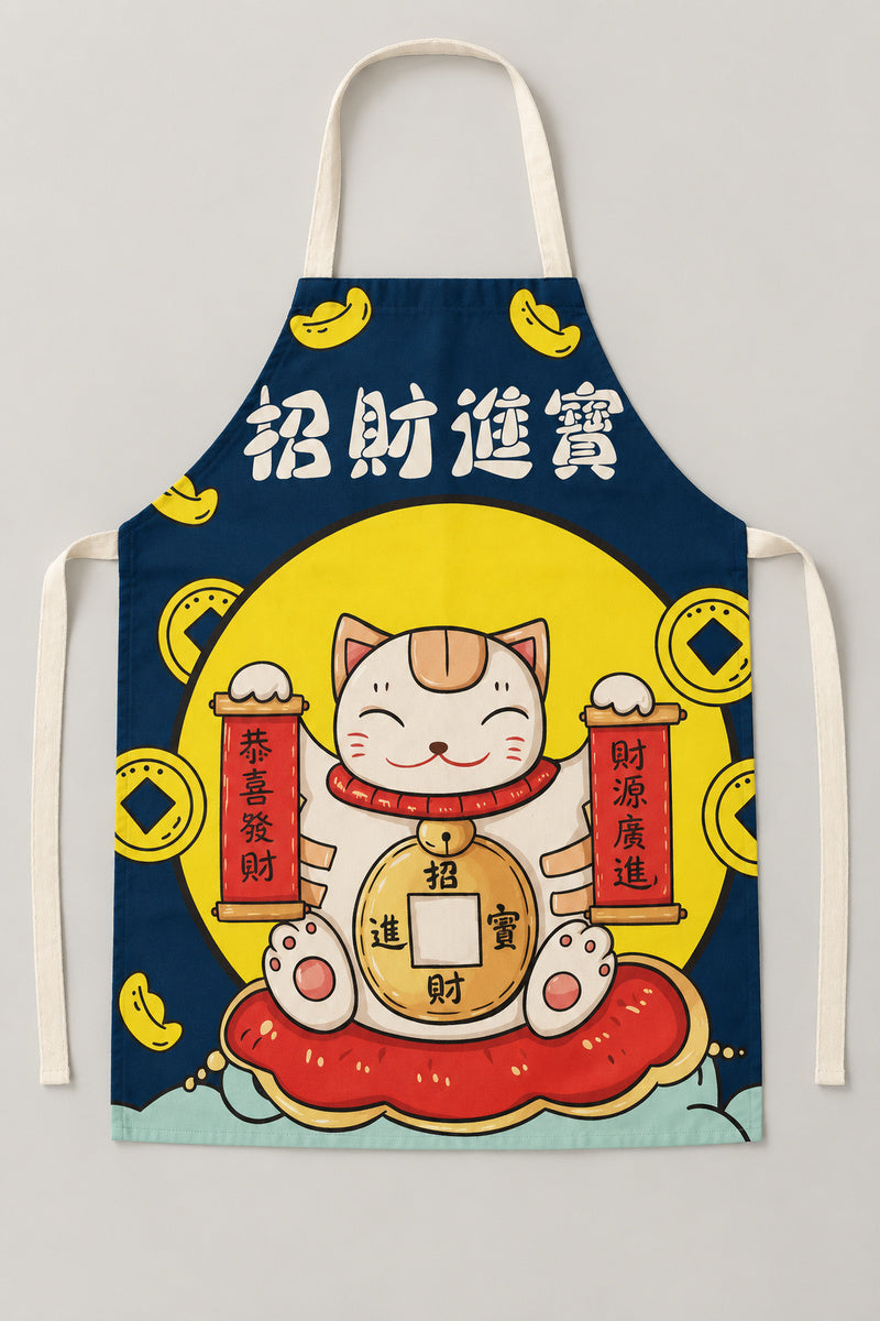 Japanese Apron – navy bib apron printed with a lucky cat and gold coins on yellow, Japanese maneki neko kitchen apron with neck loop and waist ties, studio view