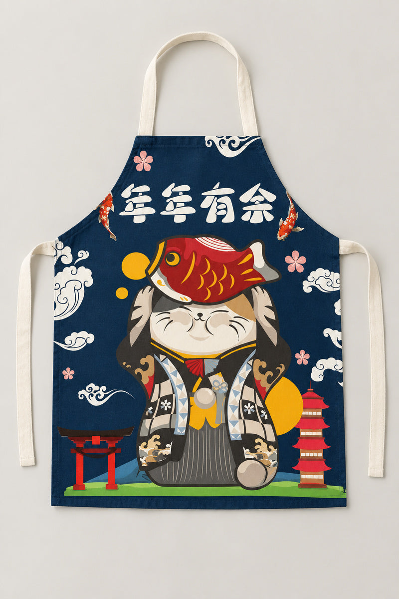 Japanese Apron – navy bib apron printed with a lucky cat in black hat and torii, Japanese maneki neko kitchen apron with neck loop and waist ties, studio view