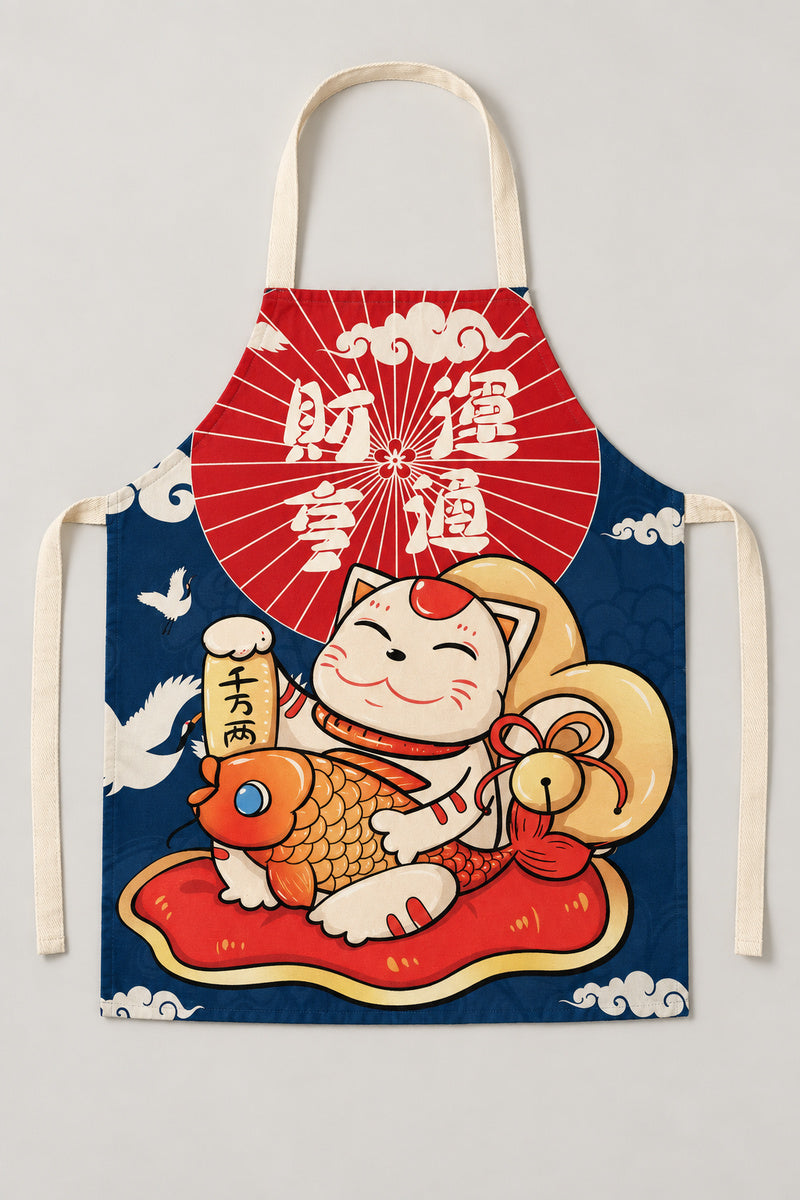 Japanese Apron – cream bib apron printed with a lucky cat under a red umbrella, Japanese maneki neko kitchen apron with neck loop and waist ties, studio view