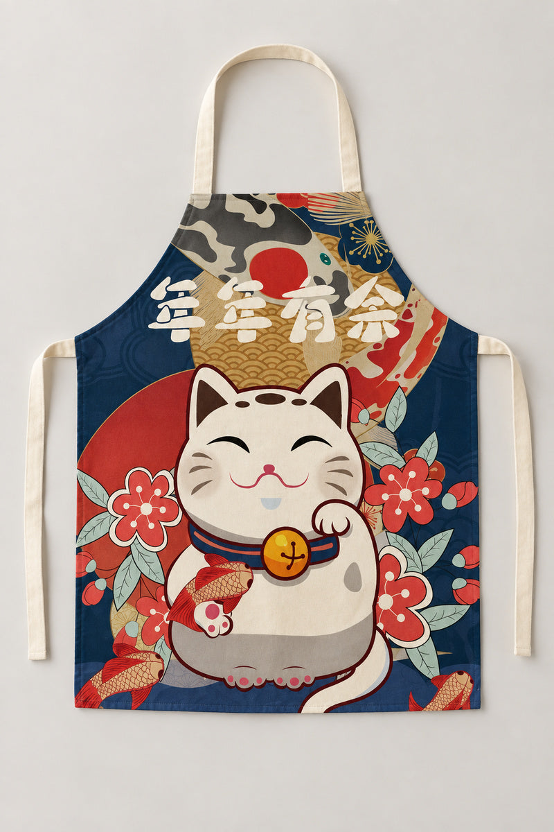 Japanese Apron – navy bib apron printed with a lucky cat, rising sun and blossom, Japanese maneki neko kitchen apron with neck loop and waist ties, studio view