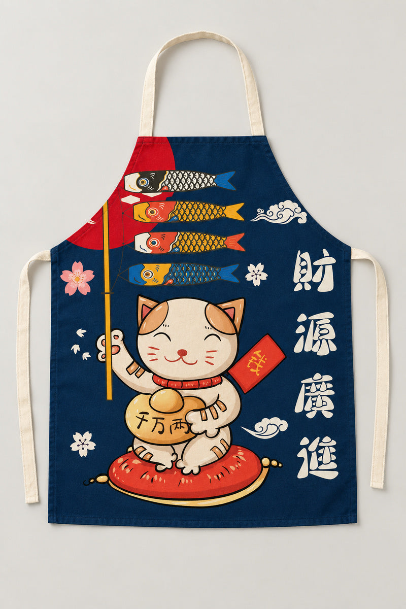 Japanese Apron – navy bib apron printed with a lucky cat and koinobori carp streamers, Japanese maneki neko kitchen apron with neck loop and waist ties, studio view