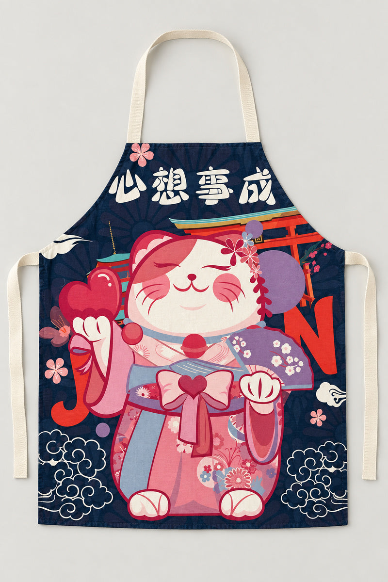 Japanese Apron – navy bib apron printed with a pink lucky cat and torii gate, Japanese maneki neko kitchen apron with neck loop and waist ties, studio view