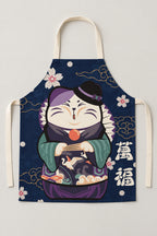 Japanese Apron – navy bib apron printed with a lucky cat holding a black cat, Japanese maneki neko kitchen apron with neck loop and waist ties, studio view