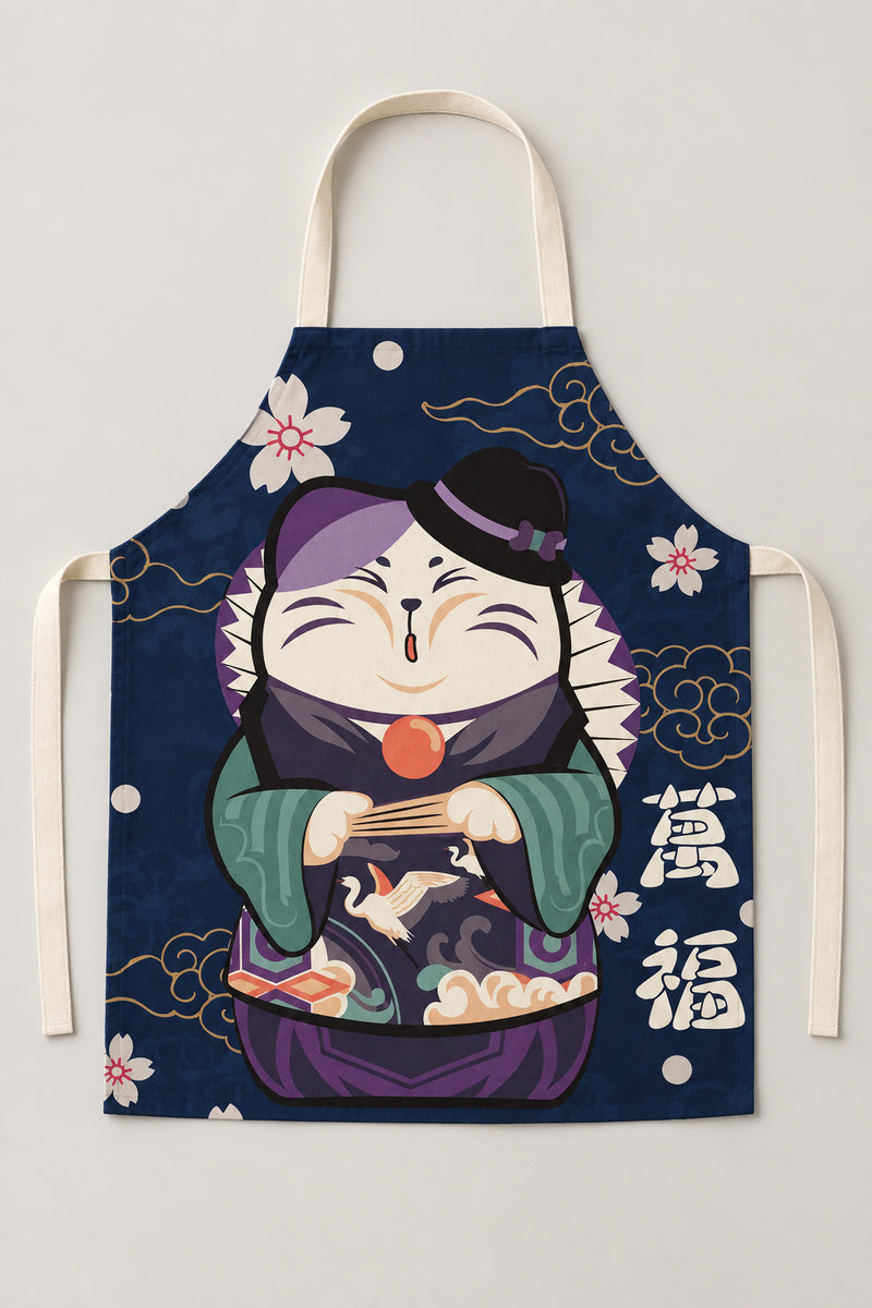 Japanese Apron – navy bib apron printed with a lucky cat holding a black cat, Japanese maneki neko kitchen apron with neck loop and waist ties, studio view