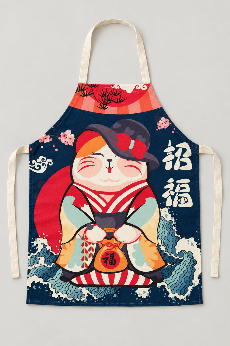 Japanese Apron – cream bib apron printed with a lucky cat in a kimono and cherry blossom, Japanese maneki neko kitchen apron with neck loop and waist ties, studio view