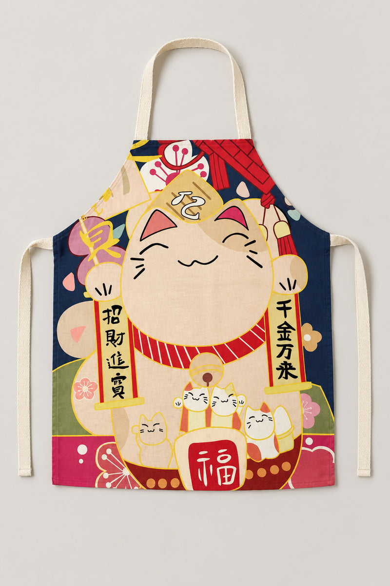 Japanese Apron – white bib apron printed with a lucky cat, fan and fortune bag, Japanese maneki neko kitchen apron with neck loop and waist ties, studio view
