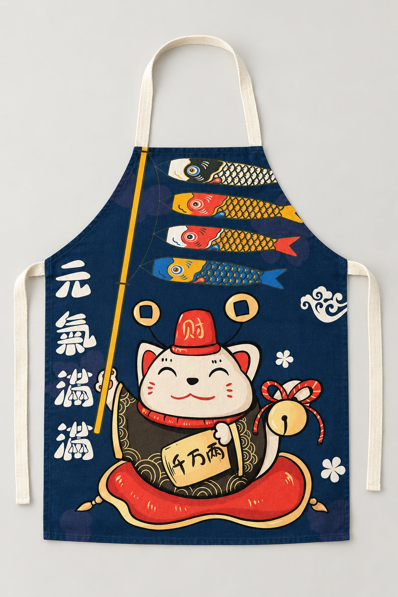 Japanese Apron – navy bib apron printed with a lucky cat and koinobori, Japanese maneki neko kitchen apron with neck loop and waist ties, studio view