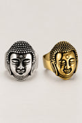 Japanese Buddha Ring 'Nyorai' – stainless steel Buddha head ring with tight curls and serene face, silver Japanese Buddha ring, studio view
