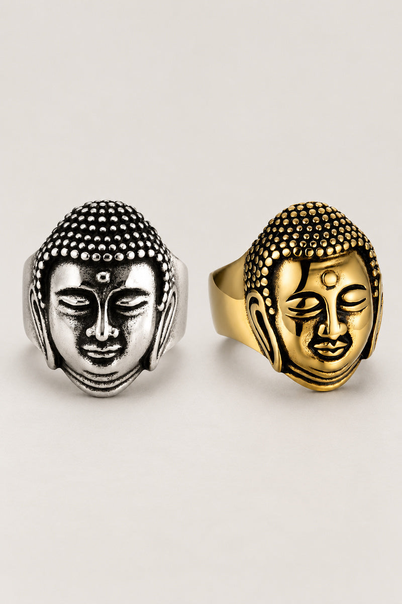 Japanese Buddha Ring 'Nyorai' – stainless steel Buddha head ring with tight curls and serene face, silver Japanese Buddha ring, studio view