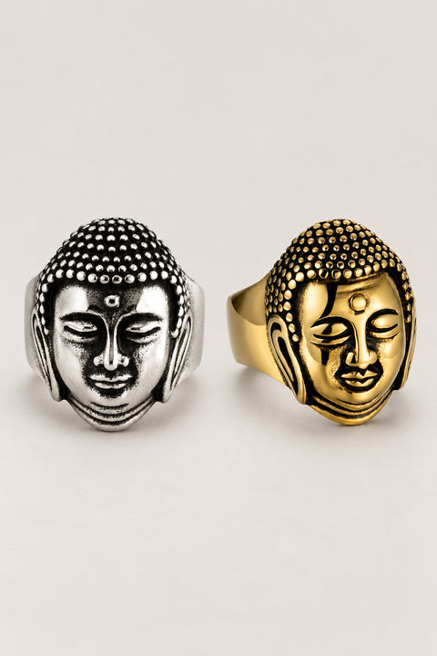Japanese Buddha Ring 'Nyorai' – stainless steel Buddha head ring with tight curls and serene face, silver Japanese Buddha ring, studio view