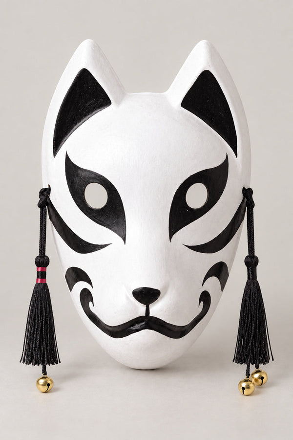 Japanese Cat Mask 'Bakeneko' – white mask with pointed ears, black cat markings, curled mouth and black tassels with bells, Japanese bakeneko festival mask, studio view