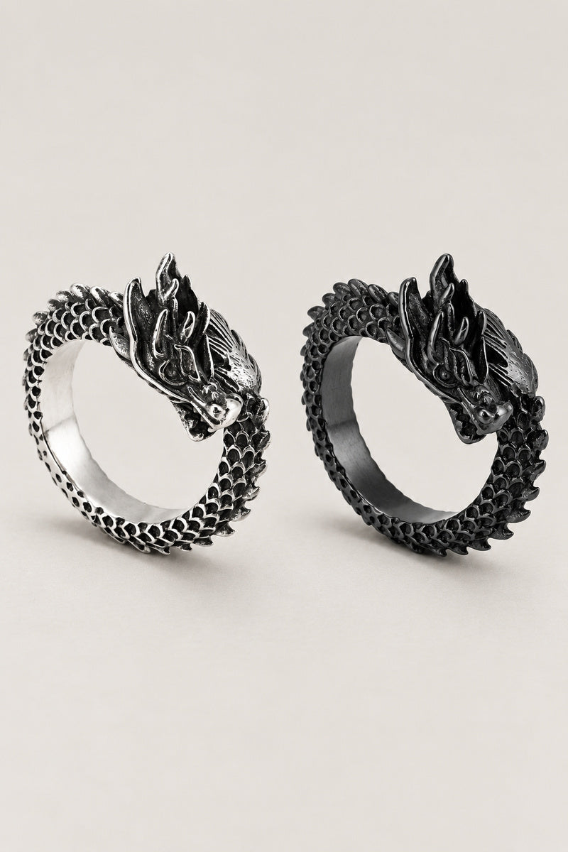 Japanese Dragon Ring 'Tomoe' – stainless steel dragon ring coiled round the finger with head on top, silver Japanese dragon ring, studio view