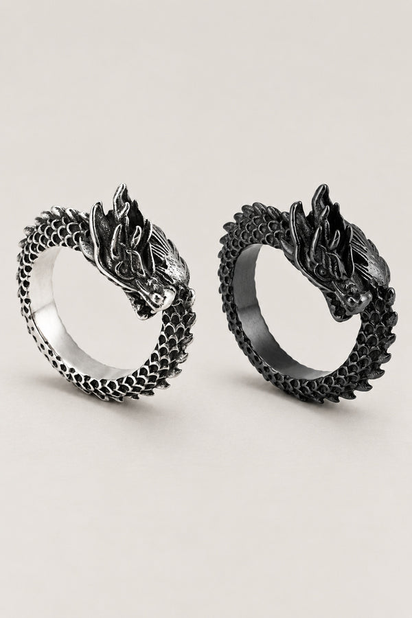 Japanese Dragon Ring 'Tomoe' – stainless steel dragon ring coiled round the finger with head on top, silver Japanese dragon ring, studio view