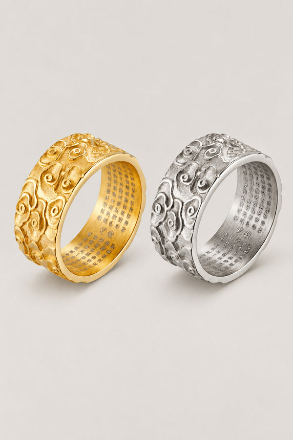 Japanese Gold Ring 'Zuiun' – gold-toned stainless steel band ring carved with auspicious clouds and engraved sutra inside, Japanese cloud ring, studio view