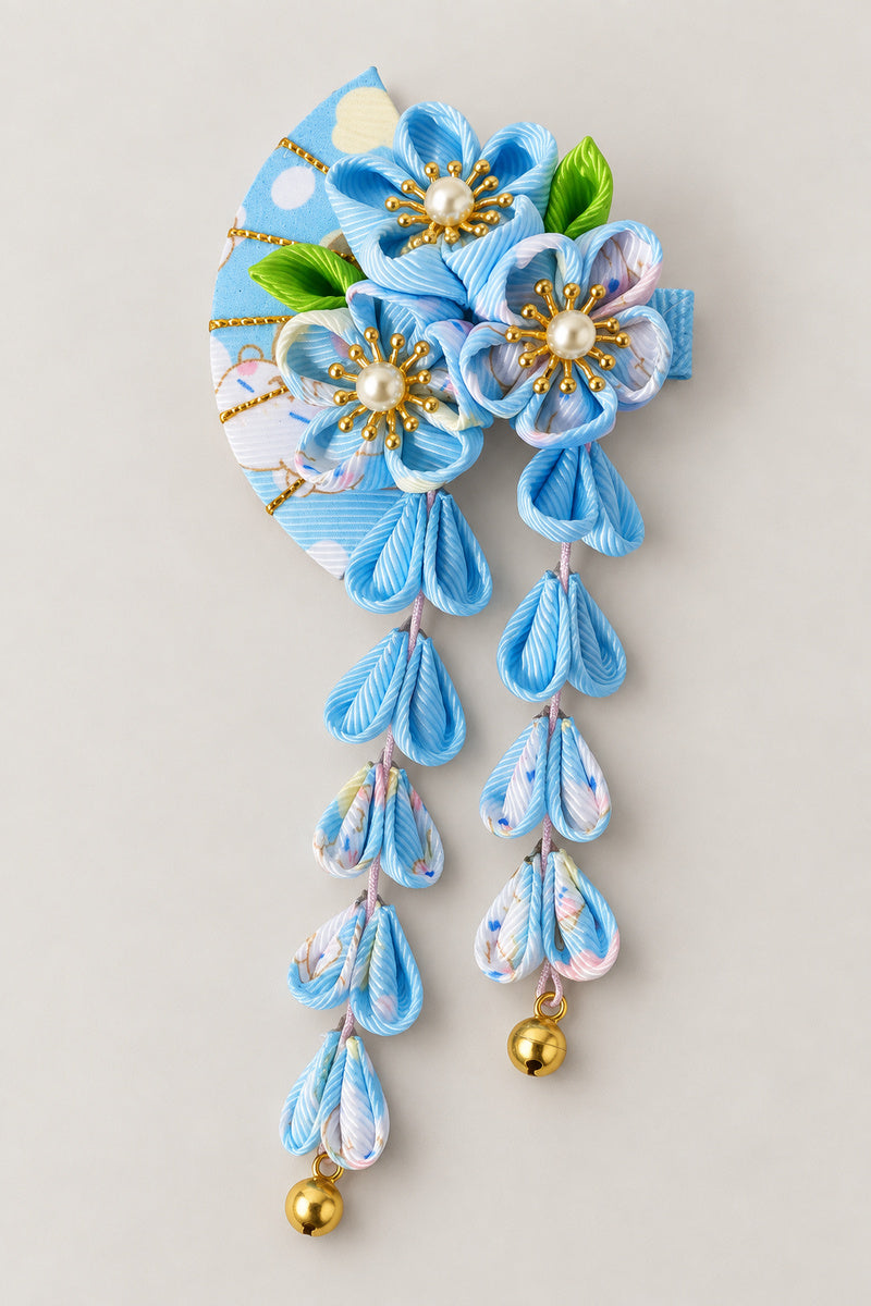Japanese Hair Pin – blue tsumami kanzashi hair clip with folded cloth flowers and hanging strands, studio view