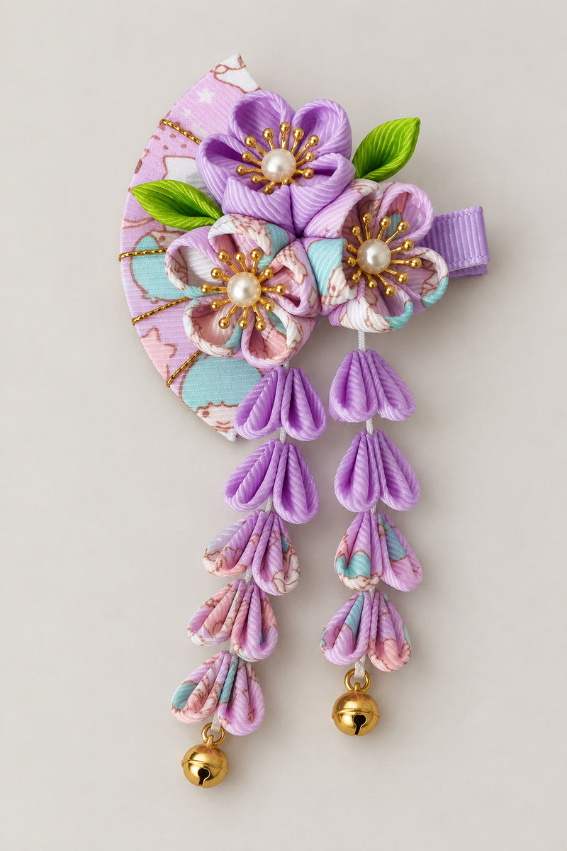 Japanese Hair Pin – purple tsumami kanzashi hair clip with folded cloth flowers and hanging strands, studio view