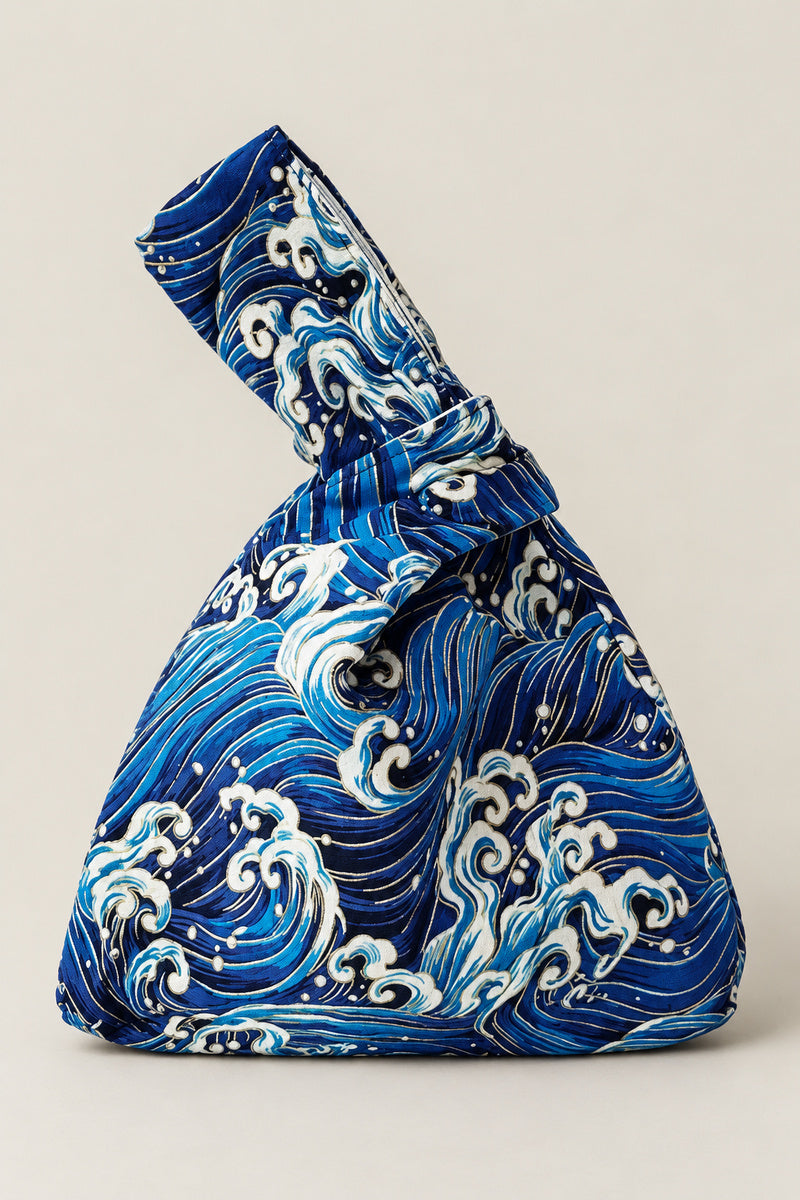 Japanese Knot Bag – blue Japanese knot bag with great wave print, kimono cloth handbag, studio view