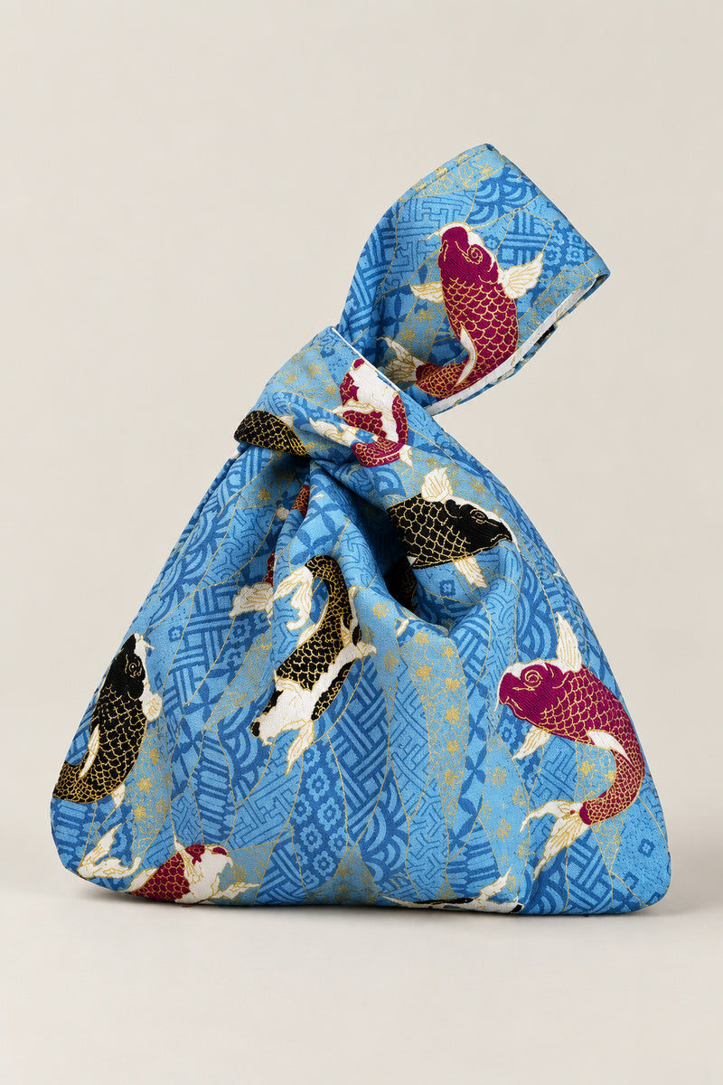 Japanese Knot Bag – light blue Japanese knot bag with koi carp print, kimono cloth handbag, studio view