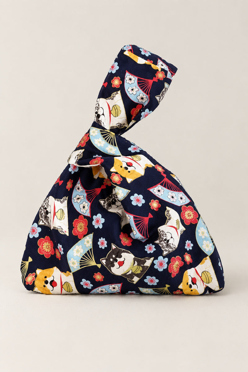 Japanese Knot Bag – navy Japanese knot bag with cats and flowers print, kimono cloth handbag, studio view