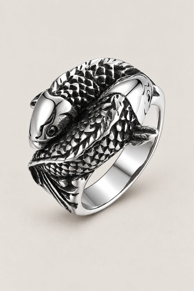 Japanese Koi Ring 'Nobori' – stainless steel ring with a single koi carp leaping across the top in deep relief, Japanese koi fish ring, studio view