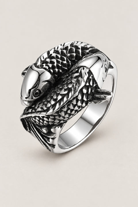 Japanese Koi Ring 'Nobori' – stainless steel ring with a single koi carp leaping across the top in deep relief, Japanese koi fish ring, studio view