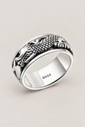 Japanese Mens Ring 'Kaiten' – sterling silver band ring with dragon in relief on a textured face, men's Japanese dragon band ring, studio view
