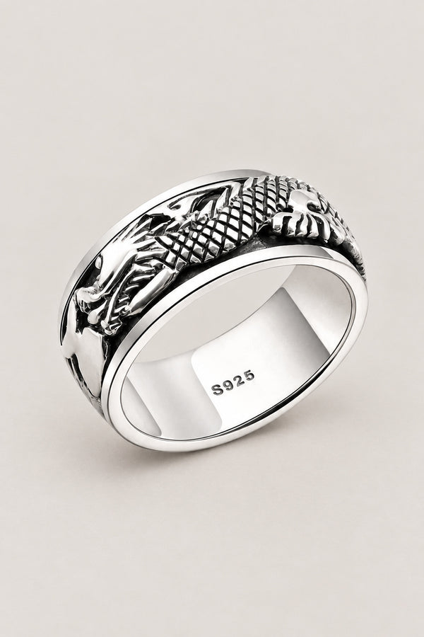 Japanese Mens Ring 'Kaiten' – sterling silver band ring with dragon in relief on a textured face, men's Japanese dragon band ring, studio view