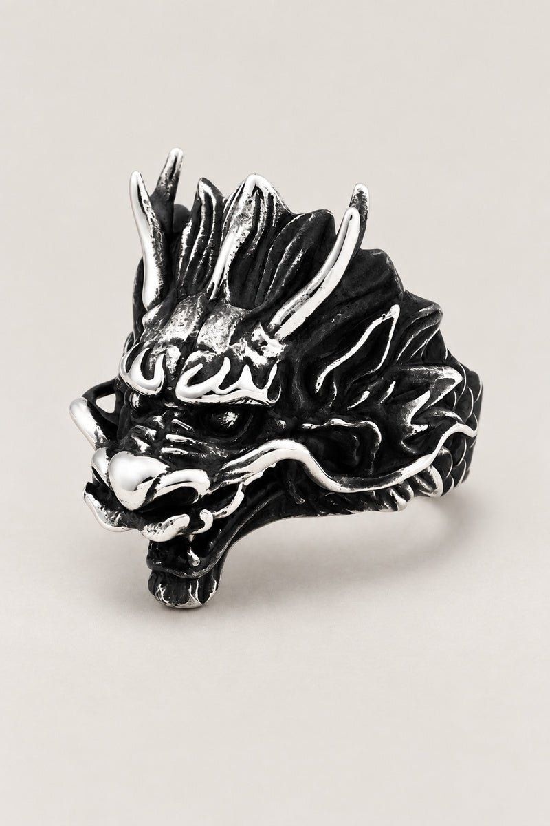 Japanese Metal Ring 'Ryuzu' – stainless steel dragon head ring with horns, flowing mane and open mouth, Japanese dragon ring for men, studio view