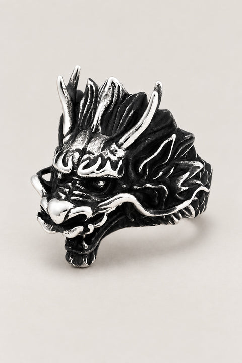 Japanese Metal Ring 'Ryuzu' – stainless steel dragon head ring with horns, flowing mane and open mouth, Japanese dragon ring for men, studio view