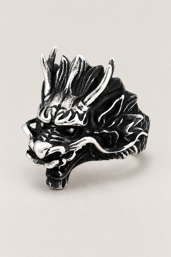 Japanese Metal Ring 'Ryuzu' – stainless steel dragon head ring with horns, flowing mane and open mouth, Japanese dragon ring for men, studio view