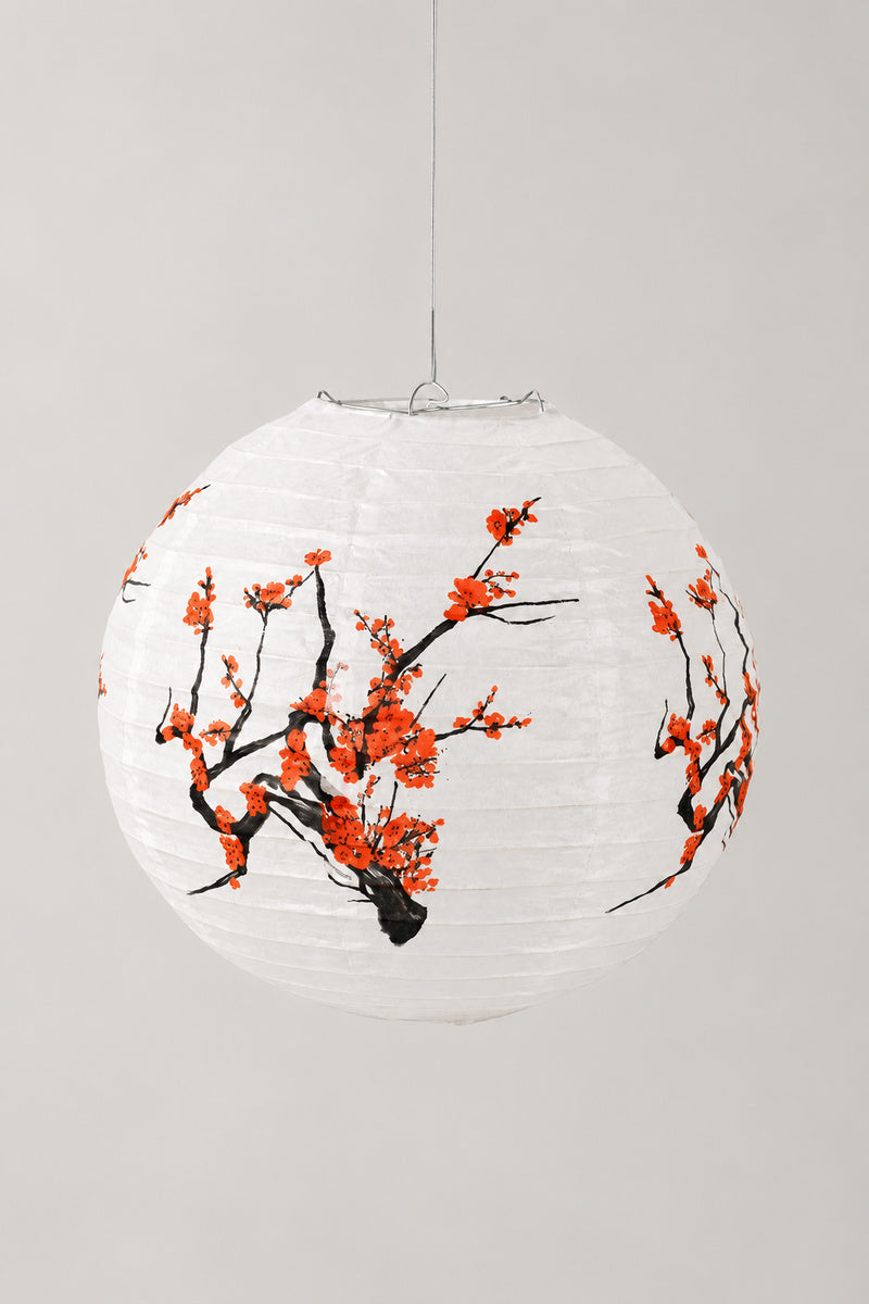 Japanese Paper Lantern 'Bonbori' – round white paper lantern printed with red plum blossom on black branches, hanging Japanese lantern shade, studio view